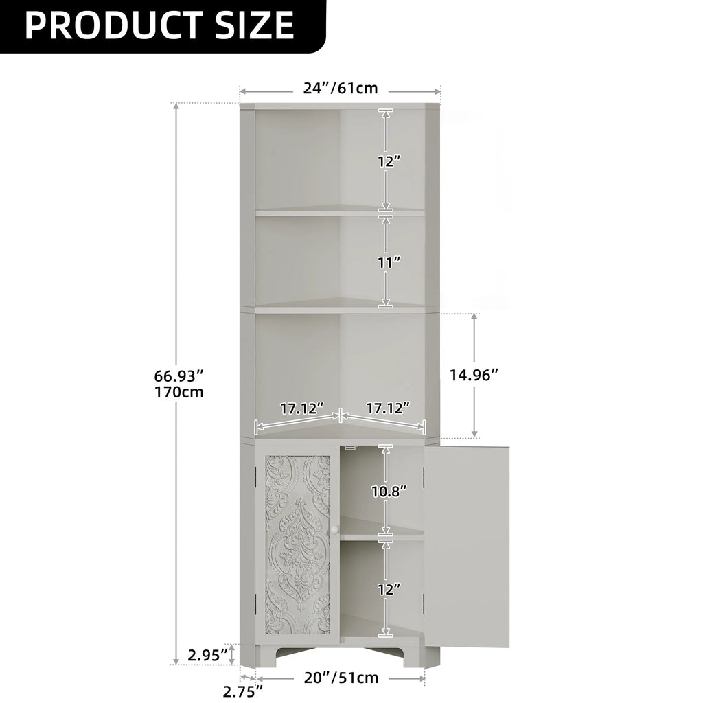 67" Tall Storage Corner Cabinet with LED Lights & 2 Carved Doors
