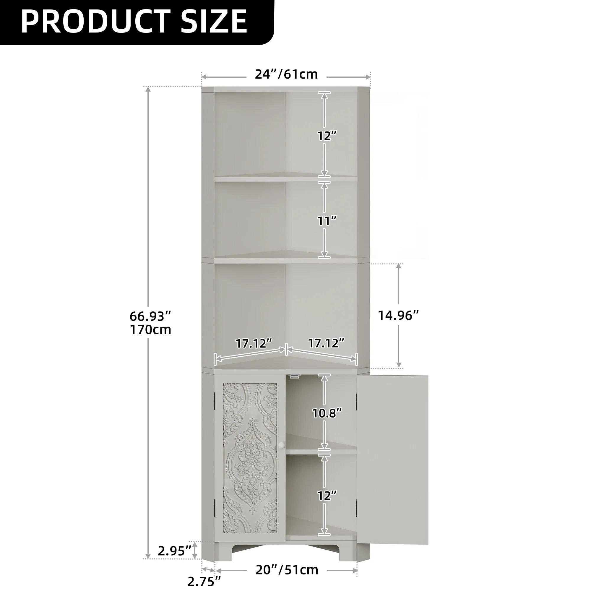 67" Tall Storage Corner Cabinet with LED Lights & 2 Carved Doors