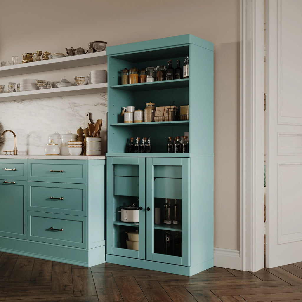 100% Solid Wood Kitchen Pantry Cabinet with 2 Clear Glass or Solid Wood Doors and 2-Drawer Organizer by Palace Imports