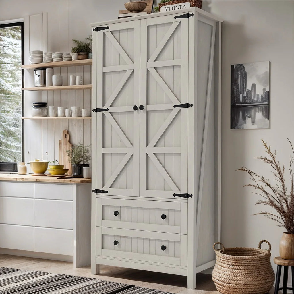 64" Farmhouse Tall Kitchen Pantry Storage Cabinet with 2 Drawers & Doors