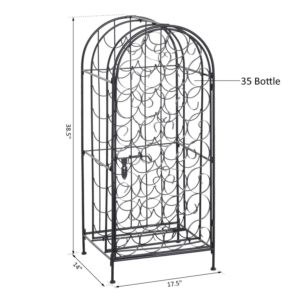 HOMCOM 35 Bottle Wrought Iron Wine Rack Jail with Lock - Black - 17.5*14*38.5