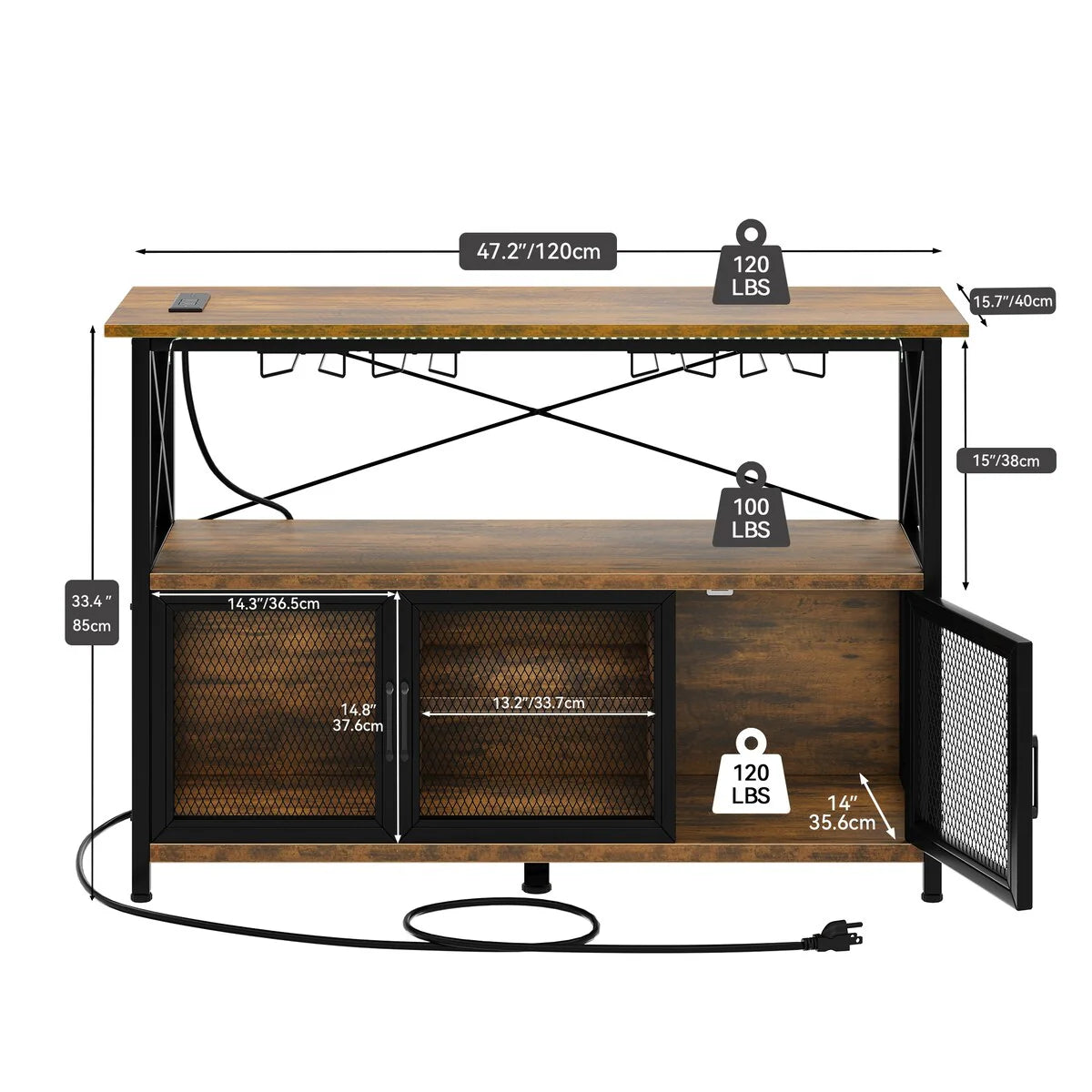 47" Wine Bar Cabinet with LED Lights Power Outlets Industrial Coffee Bar Cabinet - 47.2"L x 15.7"W x 33.4"H