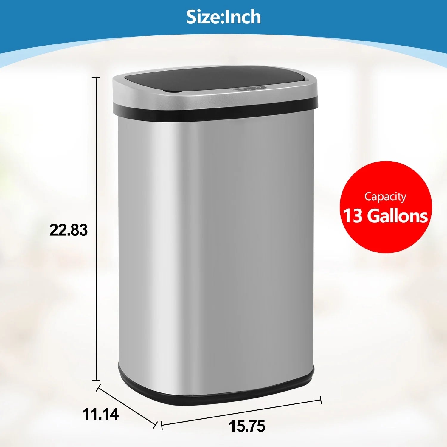 Motion Sensor 13 Gallon 50 Liter Stainless Steel Odorless Slim Trash Can by Furniture of America