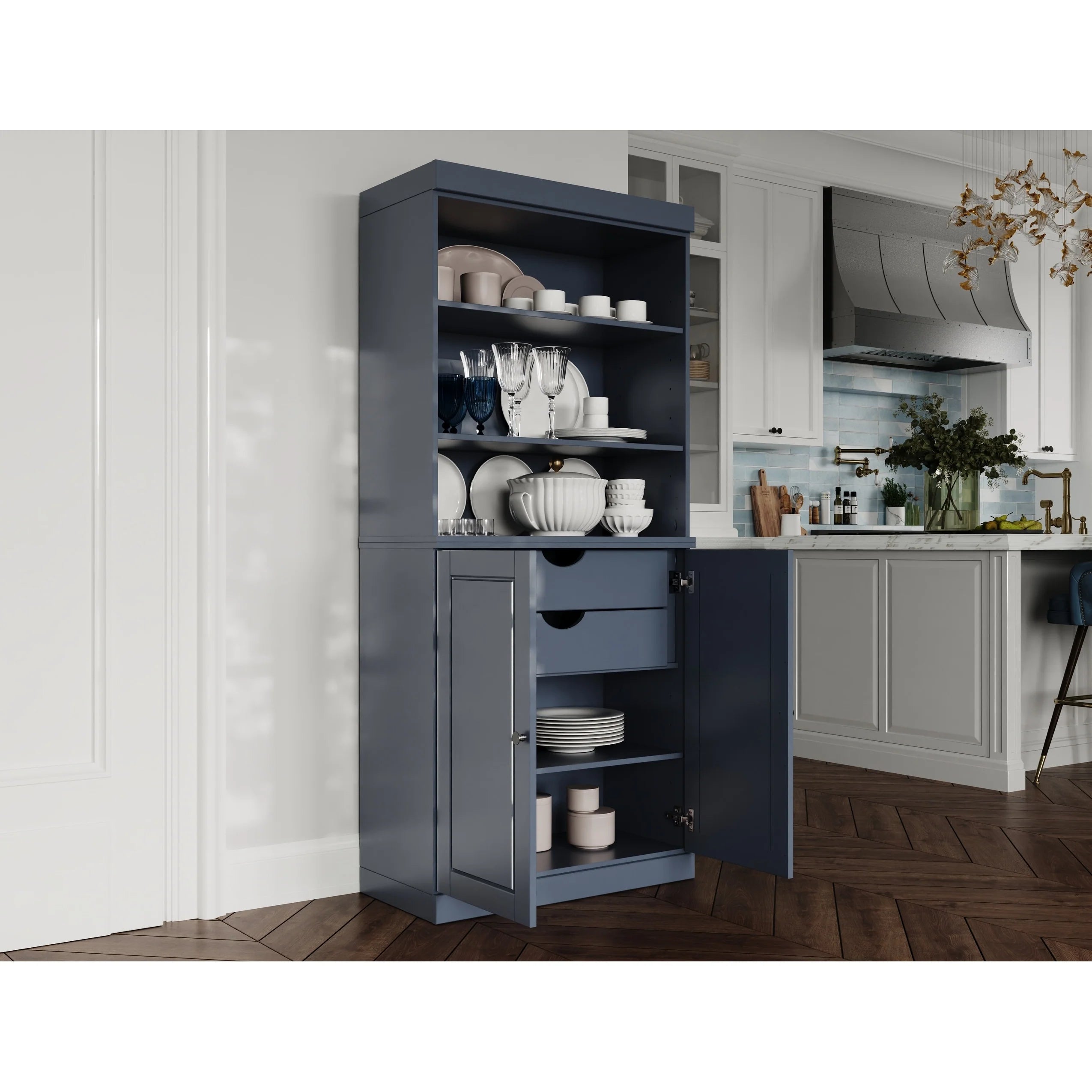 100% Solid Wood Kitchen Pantry Cabinet with 2 Clear Glass or Solid Wood Doors and 2-Drawer Organizer by Palace Imports