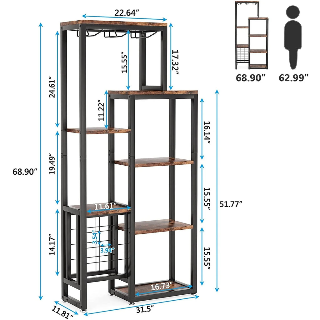 5-Tier Freestanding Floor Wine Baker Rack with Glass Holder & Wine Storage, Industrial Wine Display for Bar, Dining Room - N/A