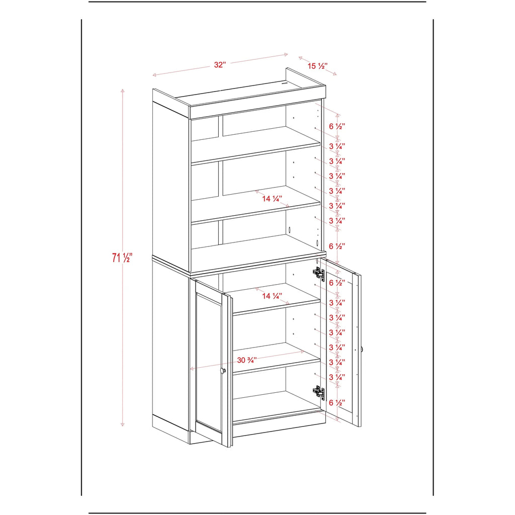 100% Solid Wood Kitchen Pantry Cabinet with 2 Clear Glass or Solid Wood Doors and 2-Drawer Organizer by Palace Imports
