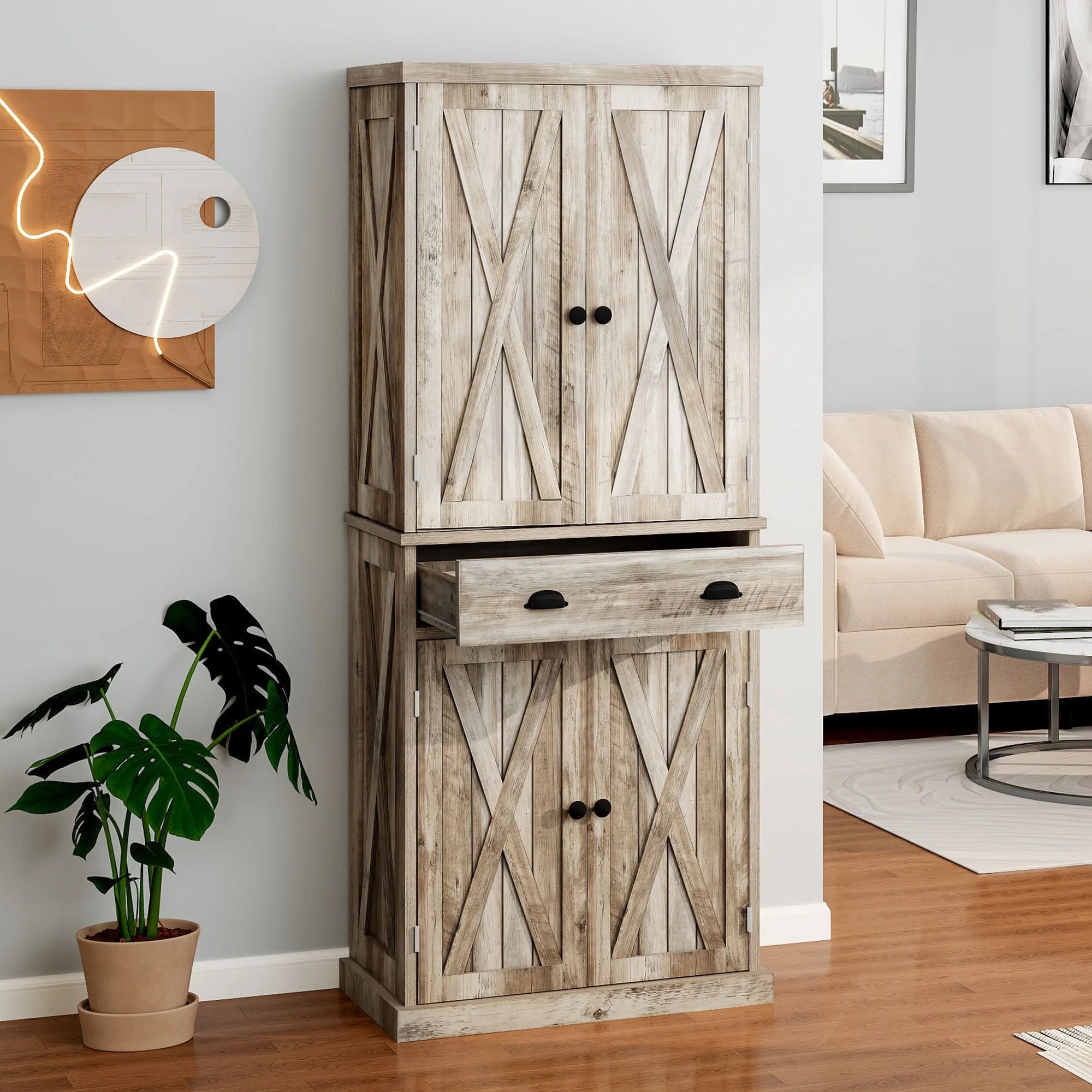 Moasis Farmhouse Freestanding 72'' Kitchen Pantry Storage Cabinet Cupboard with Drawer Adjustable Shelves