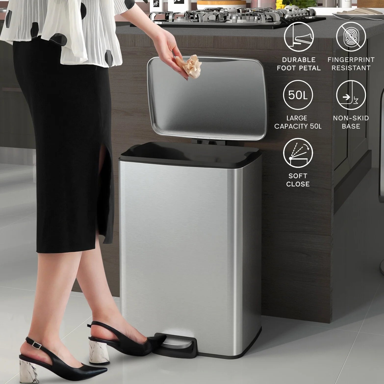 Innovaze 13 Gal./50 Liter Rectangular Stainless Steel Step-on Trash Can for Kitchen