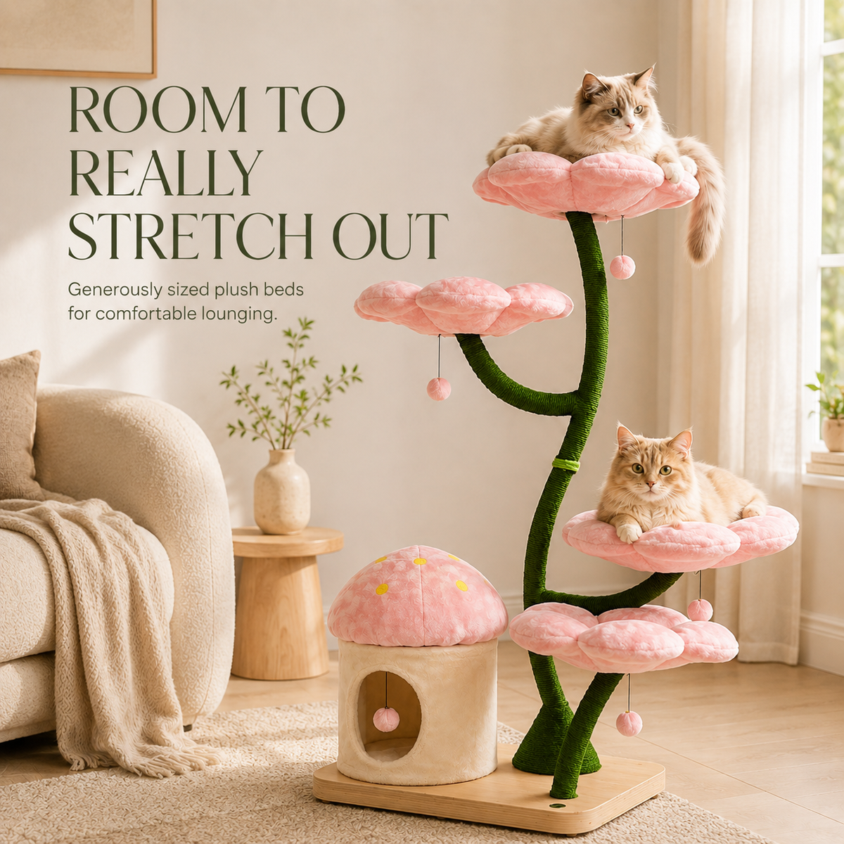 160cm Floral Garden Cat Tree with 4 Plush Flower Beds & Cozy Hideaway
