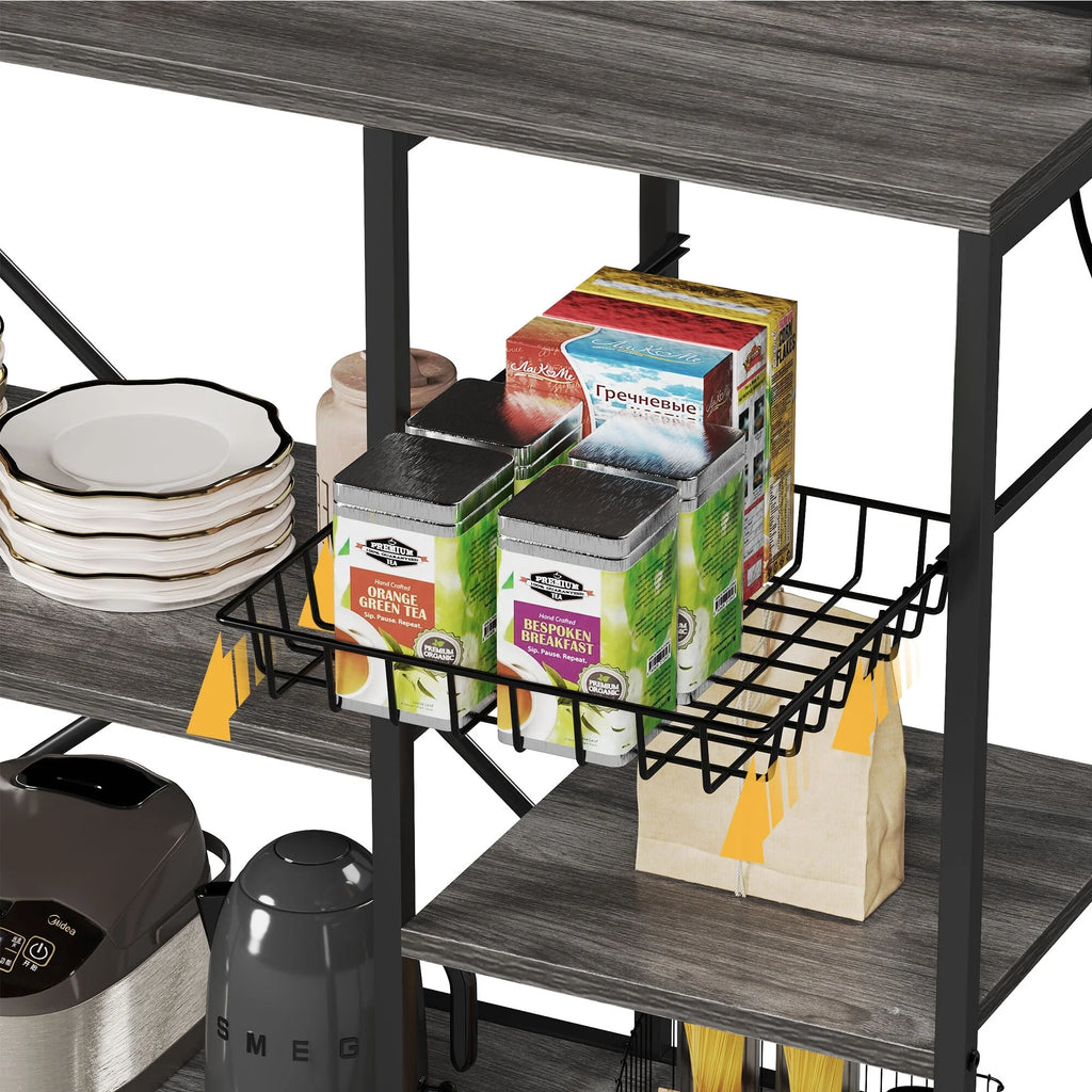6-Tier Bakers Rack with Power Outlets Coffee Bar Station with Wine Glass Holder and Microwave Oven Stand