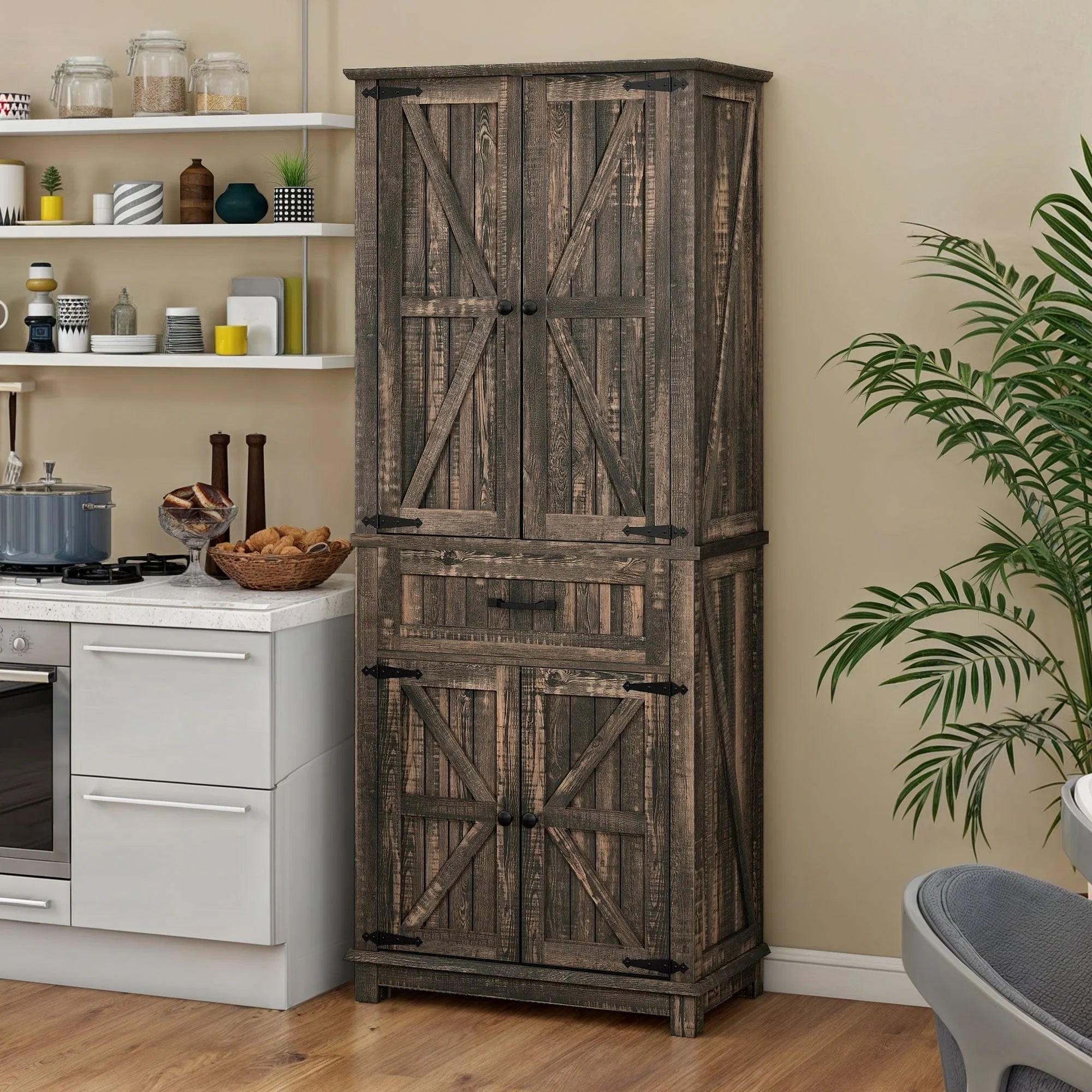 Moasis 64" Farmhouse Tall Kitchen Pantry Storage Cabinet with 2 Drawers & Doors