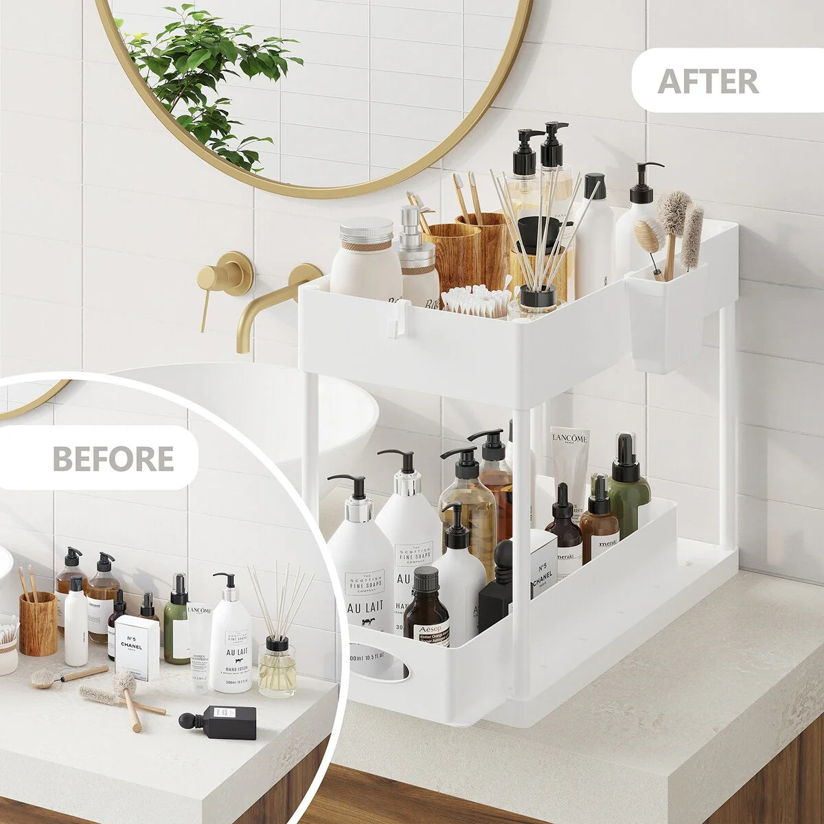 StorageBud 2 Tier Under Kitchen Sink Organizer with Sliding Drawer-Bathroom Cabinet Organizer with Utility Hooks and Side Caddy