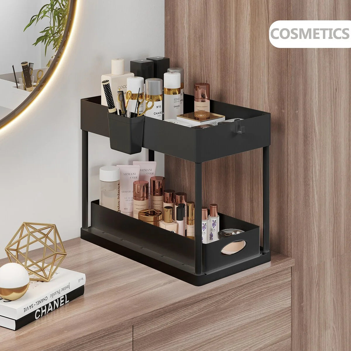 StorageBud 2 Tier Under Kitchen Sink Organizer with Sliding Drawer-Bathroom Cabinet Organizer with Utility Hooks and Side Caddy