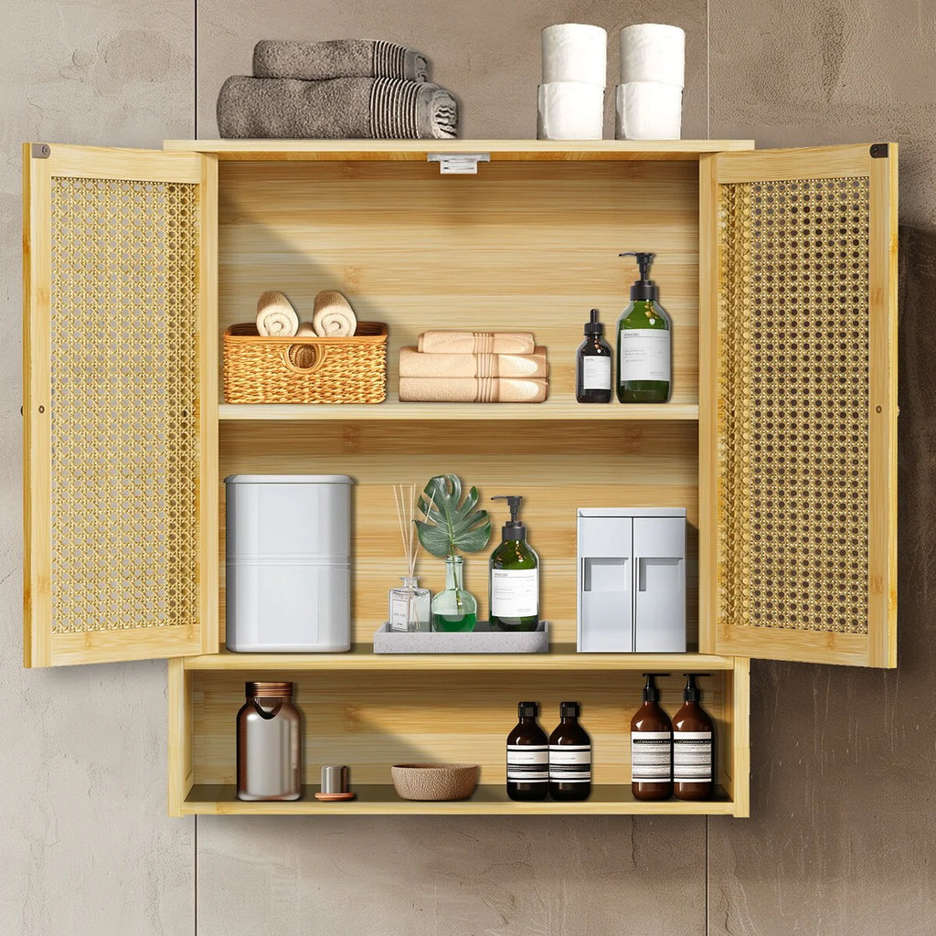 Bamboo Wall Mounted Cabinet Hanging Storage Cabinet with 3 Shelves