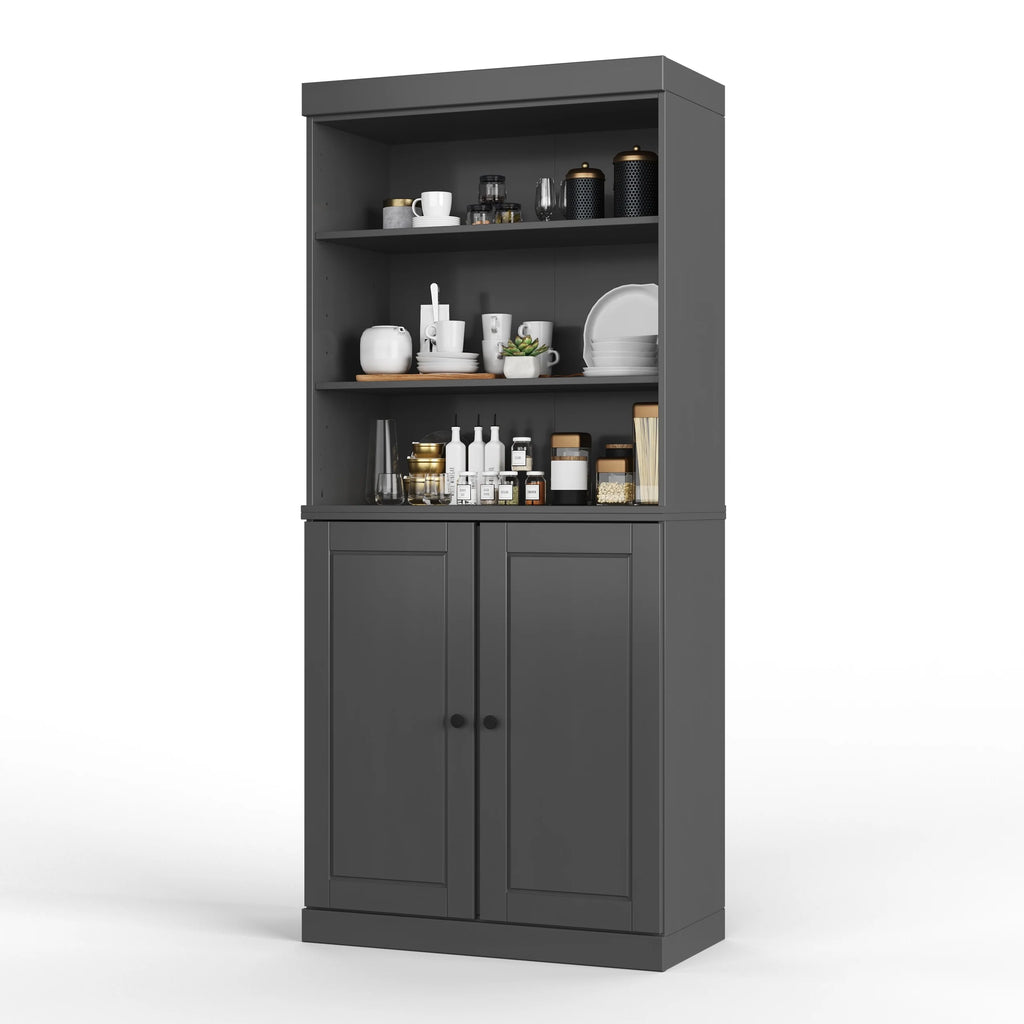 100% Solid Wood Kitchen Pantry Cabinet with 2 Clear Glass or Solid Wood Doors and 2-Drawer Organizer by Palace Imports