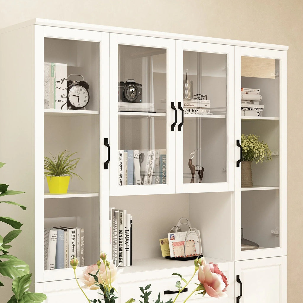 78.7"Modular White Curio Bookcase Cabinet w/Glass Doors Buffet Display