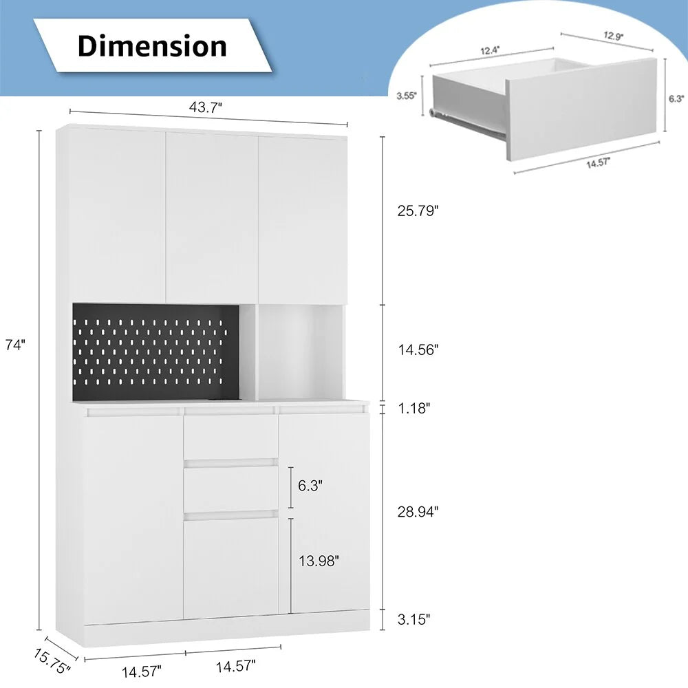74" Freestanding Kitchen Pantry Cabinet w/Drawers, Storage Microwave - W43.66*D15.74*H74.00