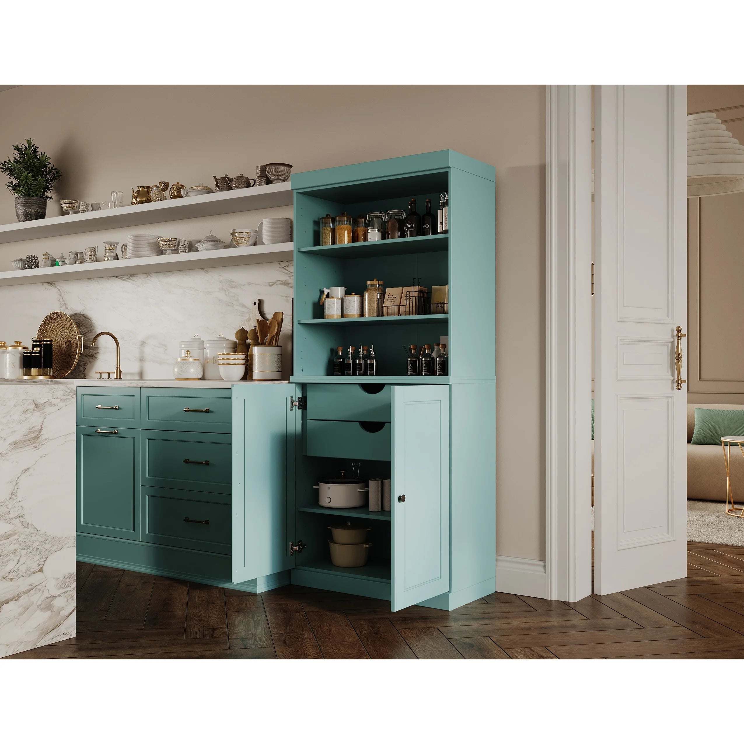 100% Solid Wood Kitchen Pantry Cabinet with 2 Clear Glass or Solid Wood Doors and 2-Drawer Organizer by Palace Imports