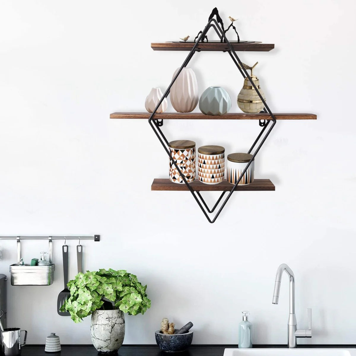 3Tier Metal Wall Shelves in Geometric Diamond for Home Display Storage