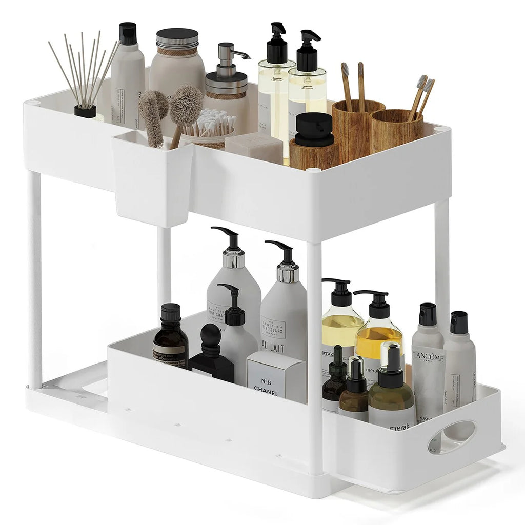 StorageBud 2 Tier Under Kitchen Sink Organizer with Sliding Drawer-Bathroom Cabinet Organizer with Utility Hooks and Side Caddy