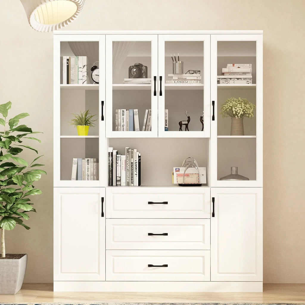 78.7"Modular White Curio Bookcase Cabinet w/Glass Doors Buffet Display