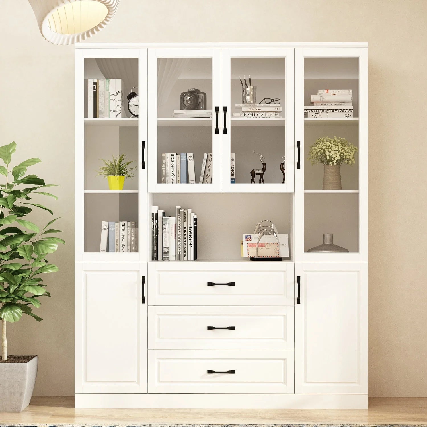 78.7"Modular White Curio Bookcase Cabinet w/Glass Doors Buffet Display