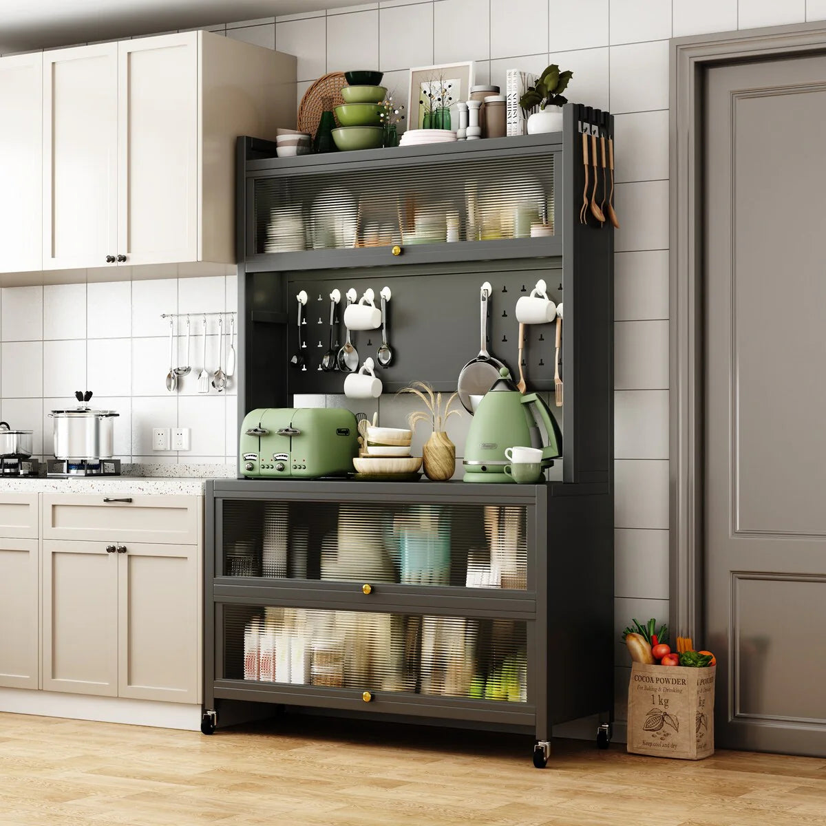Kitchen Storage Cabinets with wheels - Bakers Rack Countertop, Microwave Oven Shelf Cabinet, Storage Organizer