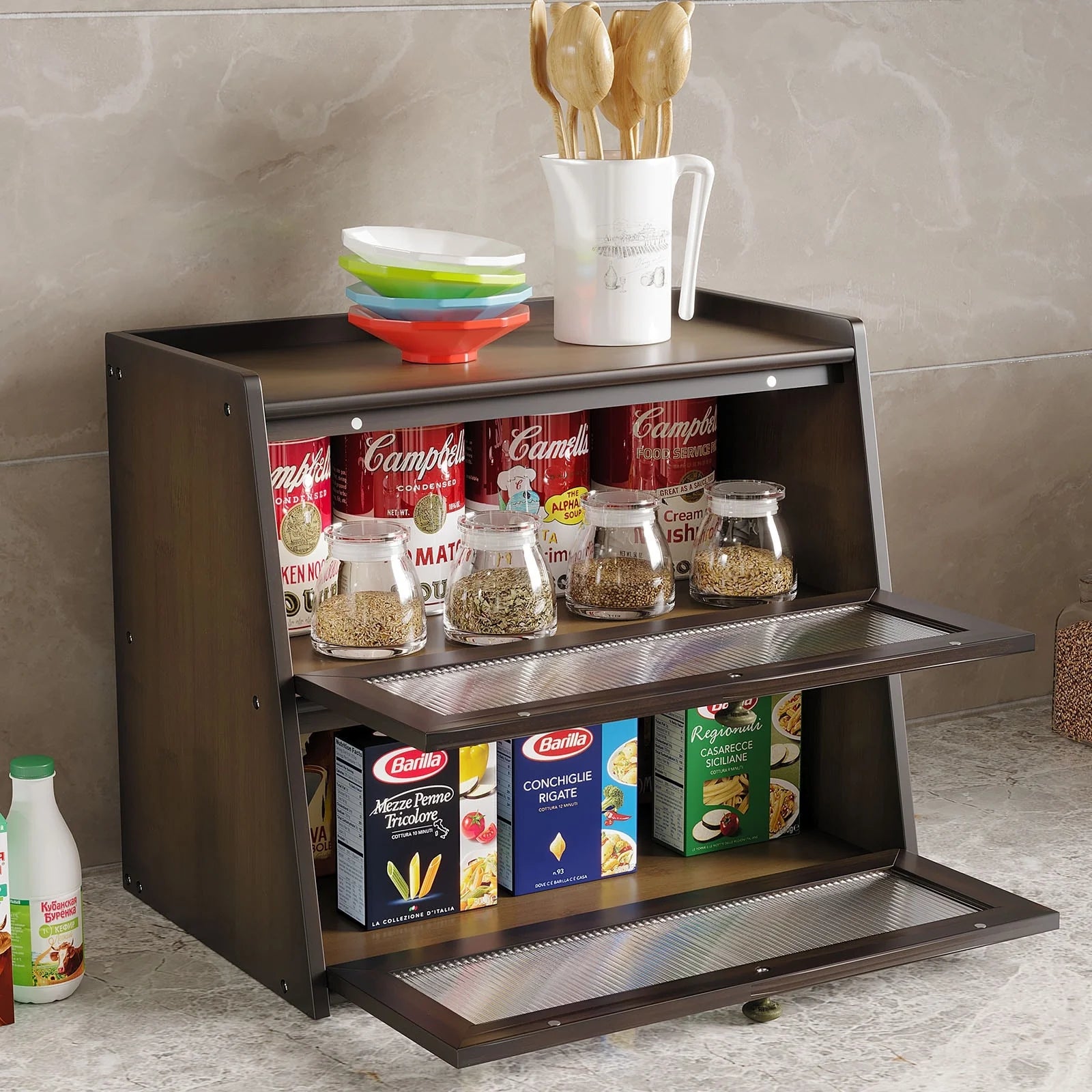 Double Layer Bamboo Bread Box for Kitchen Counter, Large Capacity Bread Storage Bin with Window Bread Holder.