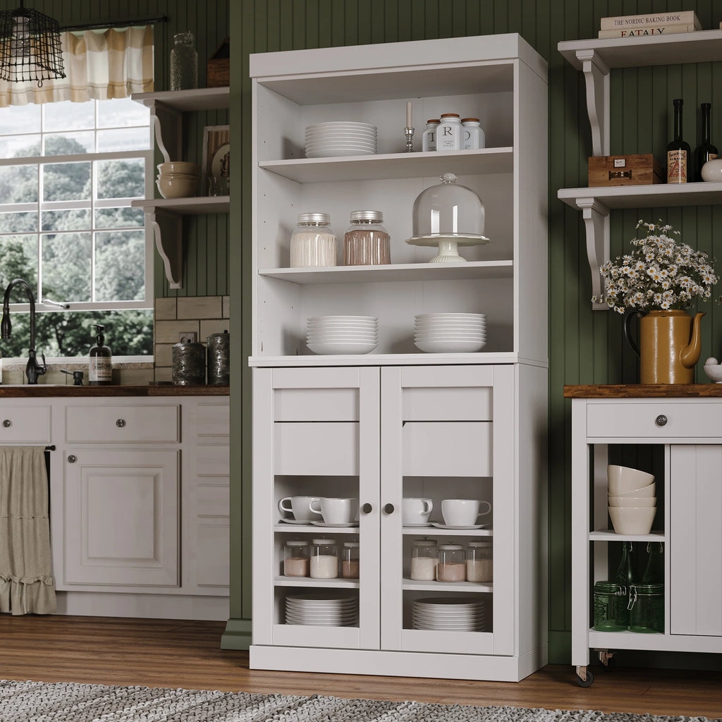100% Solid Wood Kitchen Pantry Cabinet with 2 Clear Glass or Solid Wood Doors and 2-Drawer Organizer by Palace Imports