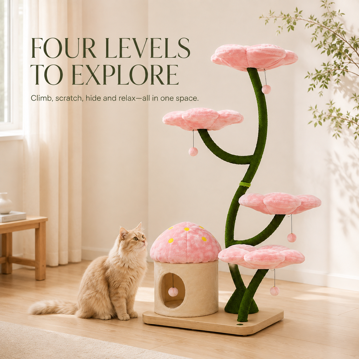 160cm Floral Garden Cat Tree with 4 Plush Flower Beds & Cozy Hideaway