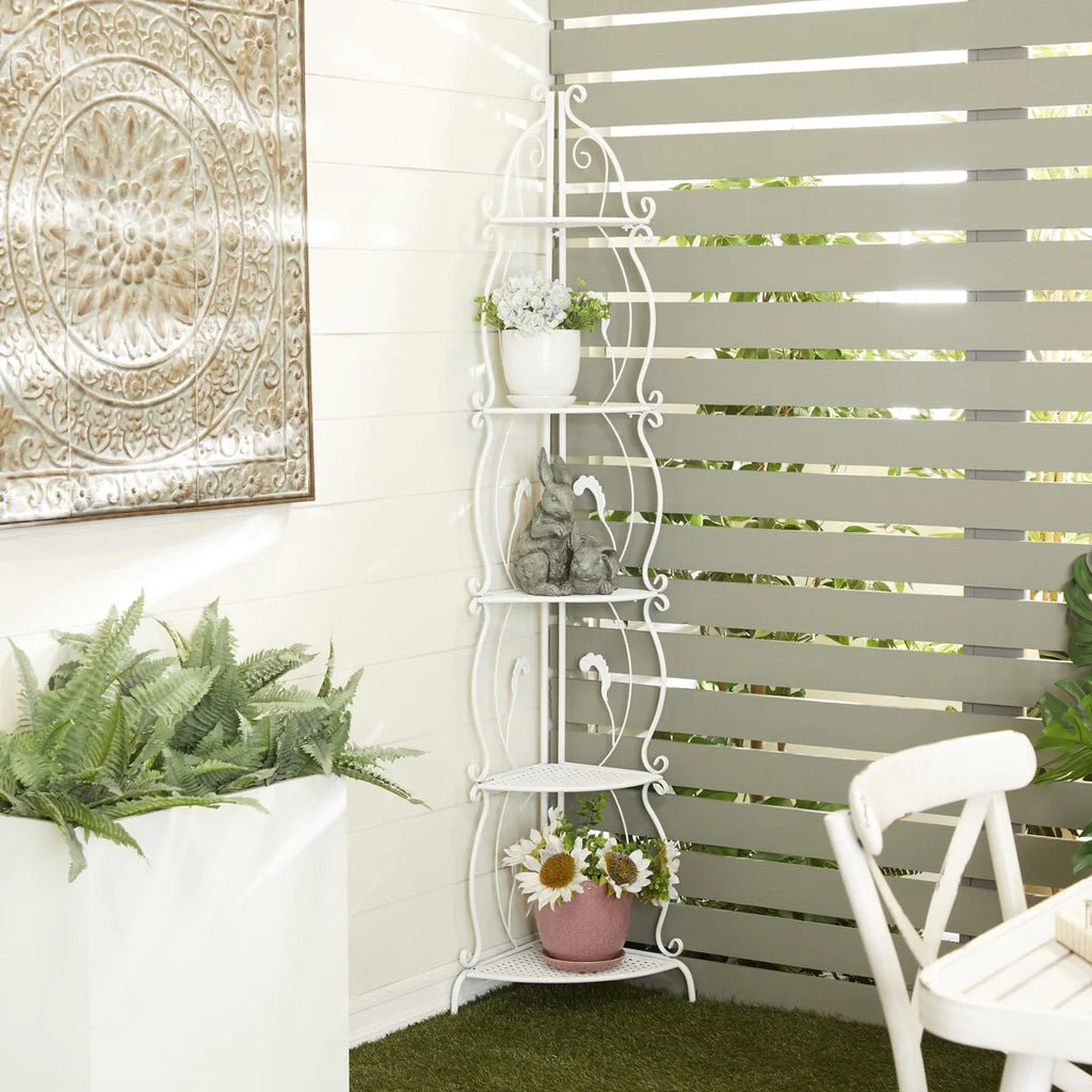 Metal Scroll Indoor Outdoor Tall Folding 5 Shelves Bakers Rack - Gold or White - Roche River Decor