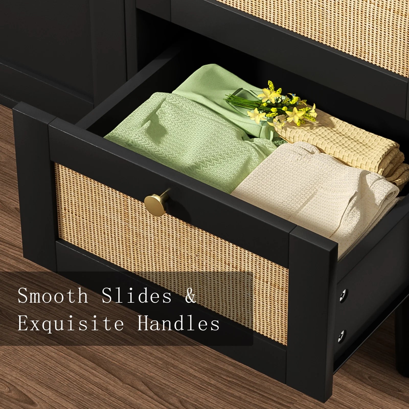 Anmytek Mid-Century Modern 2-Door Wood Rattan Buffet Sideboard Kitchen Storage Cabinet with 3 Drawers