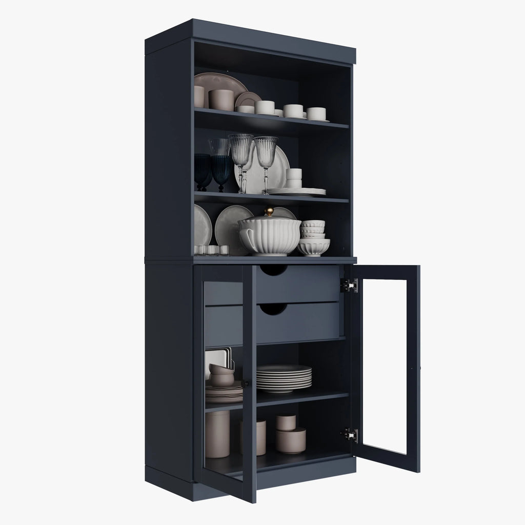 100% Solid Wood Kitchen Pantry Cabinet with 2 Clear Glass or Solid Wood Doors and 2-Drawer Organizer by Palace Imports