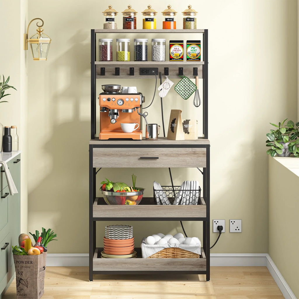 Kitchen Bakers Rack with Power Outlets, High Utility Storage Shelves Microwave Stand with Drawers