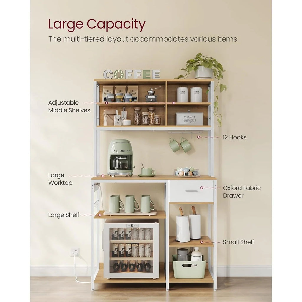 VASAGLE Bakers Rack with Charging Station, Coffee Bar Stand with Adjustable Storage Shelves