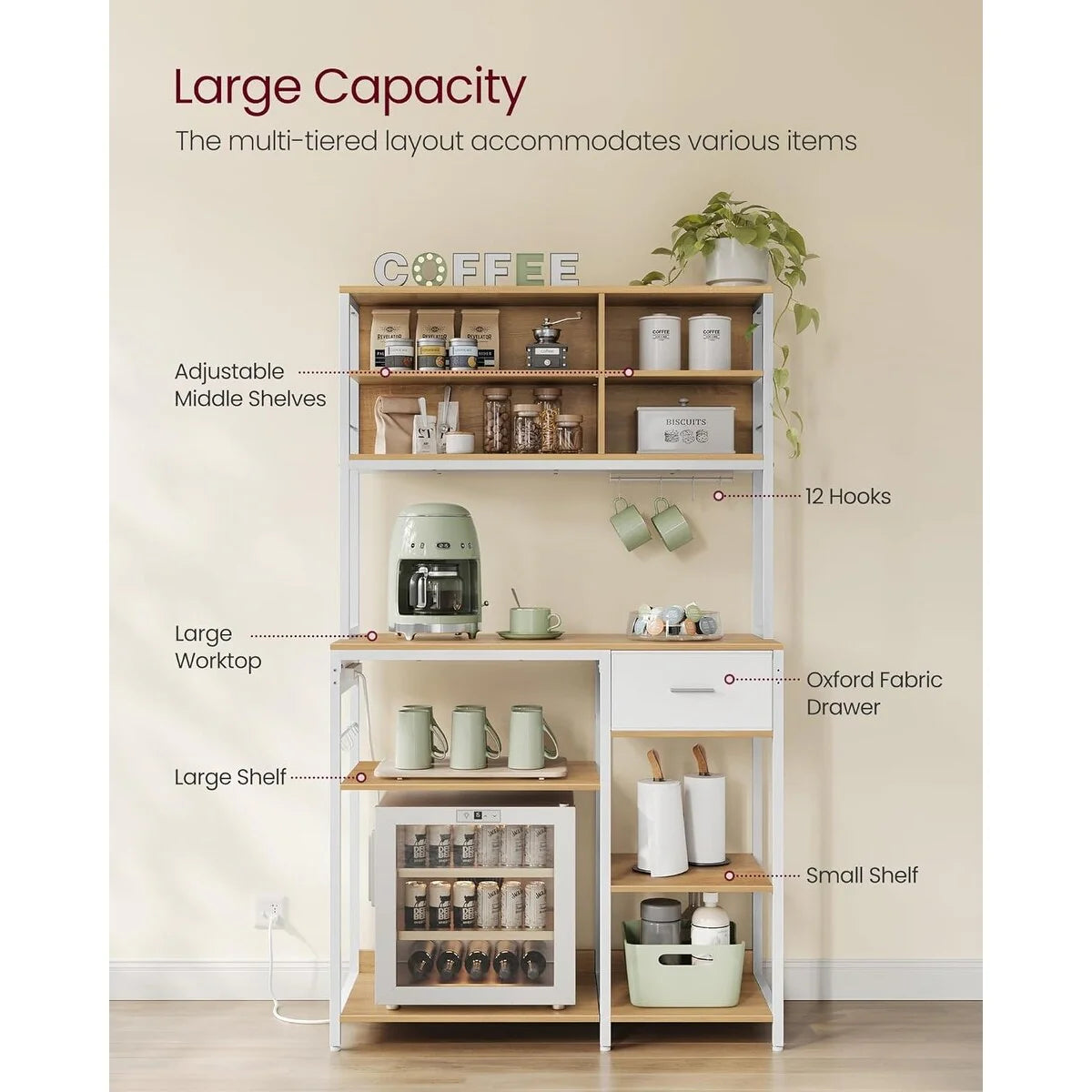 VASAGLE Bakers Rack with Charging Station, Coffee Bar Stand with Adjustable Storage Shelves
