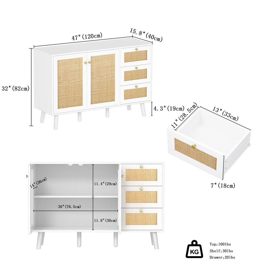 Anmytek Mid-Century Modern 2-Door Wood Rattan Buffet Sideboard Kitchen Storage Cabinet with 3 Drawers