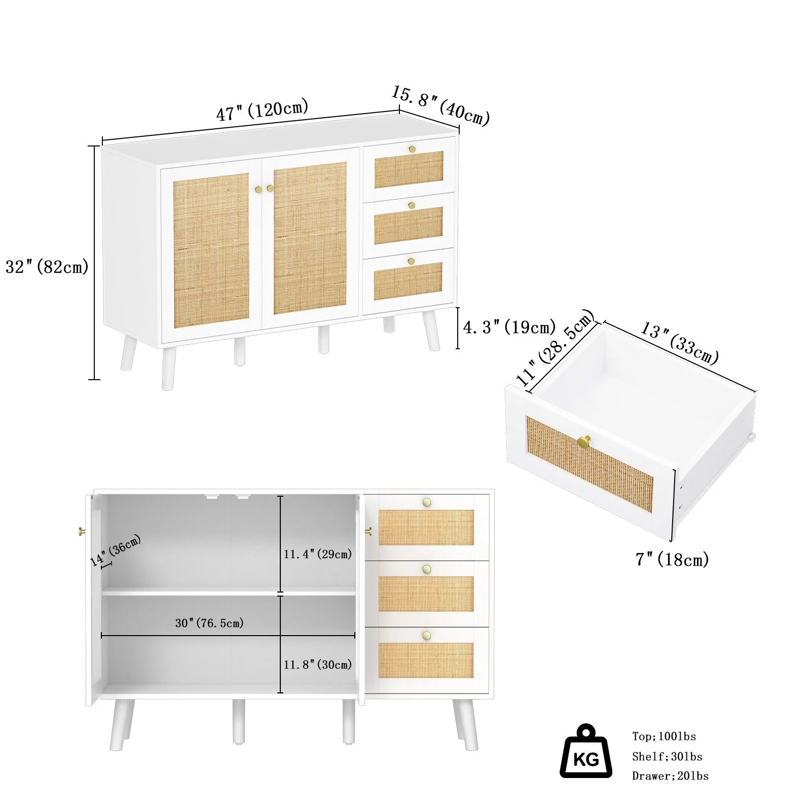 Anmytek Mid-Century Modern 2-Door Wood Rattan Buffet Sideboard Kitchen Storage Cabinet with 3 Drawers