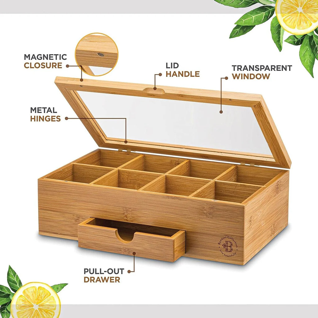 Tea Bag Organizer - Tea Organizer: Wooden Tea Box with 8 Compartments, Acrylic Window, and Magnetic Lid, Made of Bamboo
