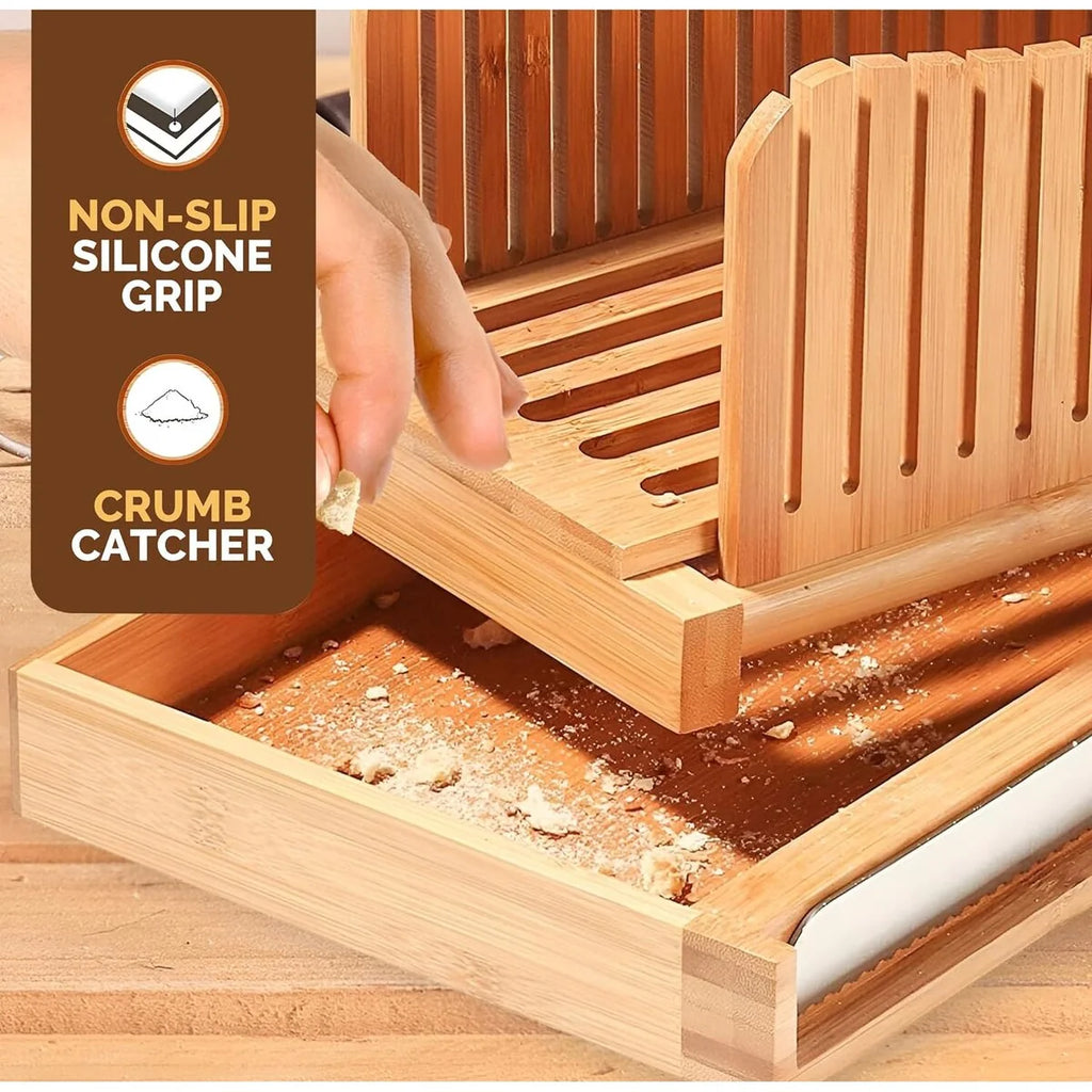 Bamboo Bread Slicer with Knife - 3 Slice Thickness, Foldable Compact Cutting Guide with Crumb Tray