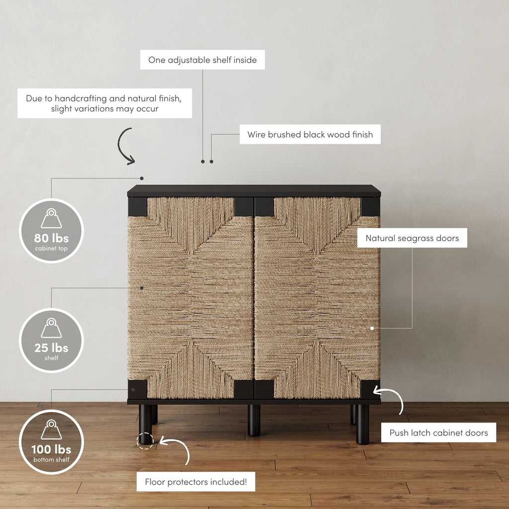Nathan James Beacon Wood Accent Cabinet with Seagrass Doors and Adjustable Shelf