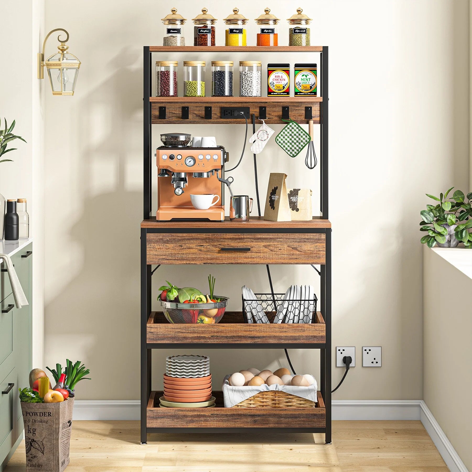 Kitchen Bakers Rack with Power Outlets, High Utility Storage Shelves Microwave Stand with Drawers