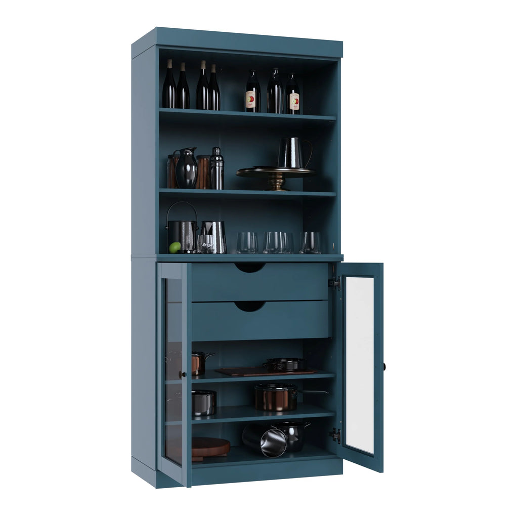 100% Solid Wood Kitchen Pantry Cabinet with 2 Clear Glass or Solid Wood Doors and 2-Drawer Organizer by Palace Imports
