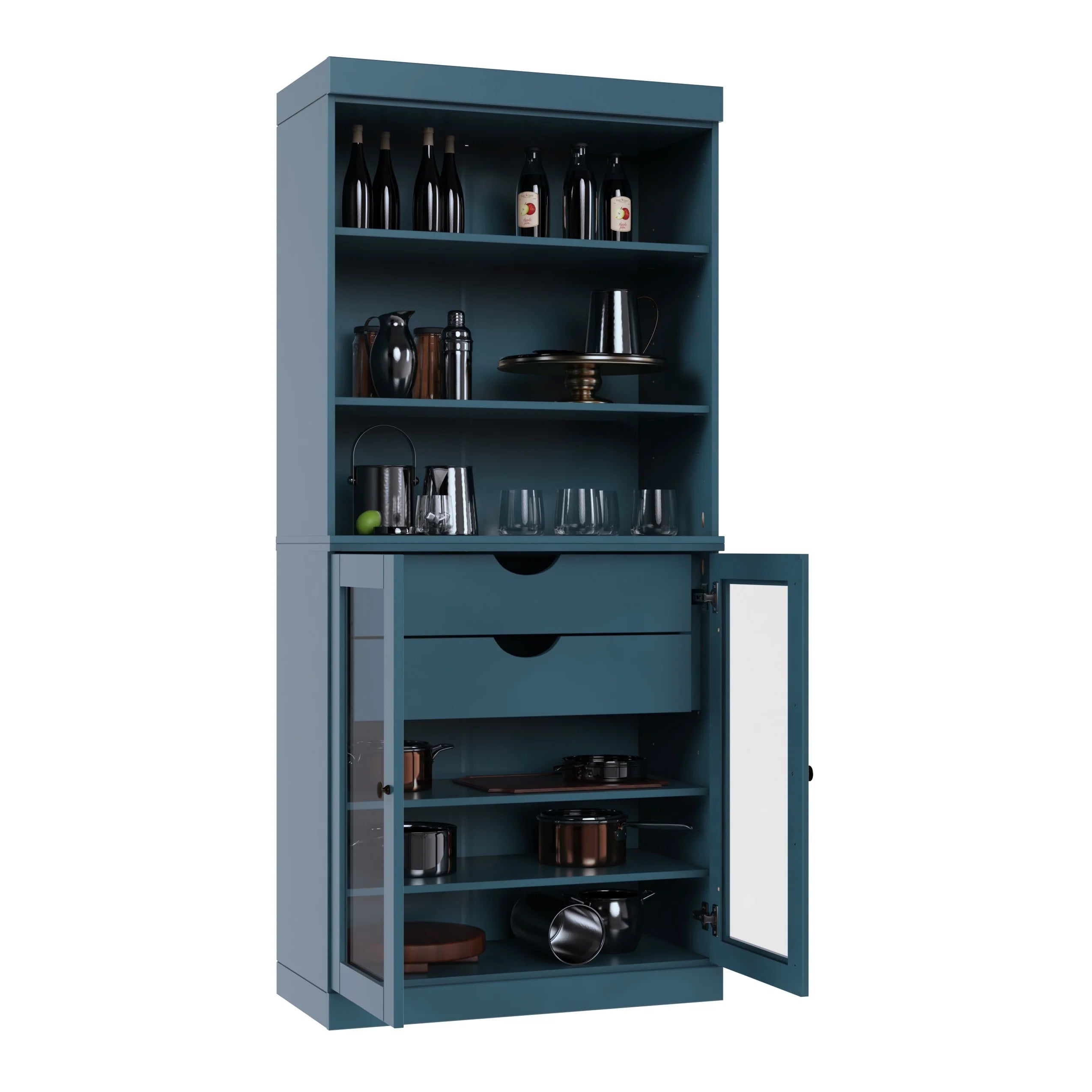 100% Solid Wood Kitchen Pantry Cabinet with 2 Clear Glass or Solid Wood Doors and 2-Drawer Organizer by Palace Imports