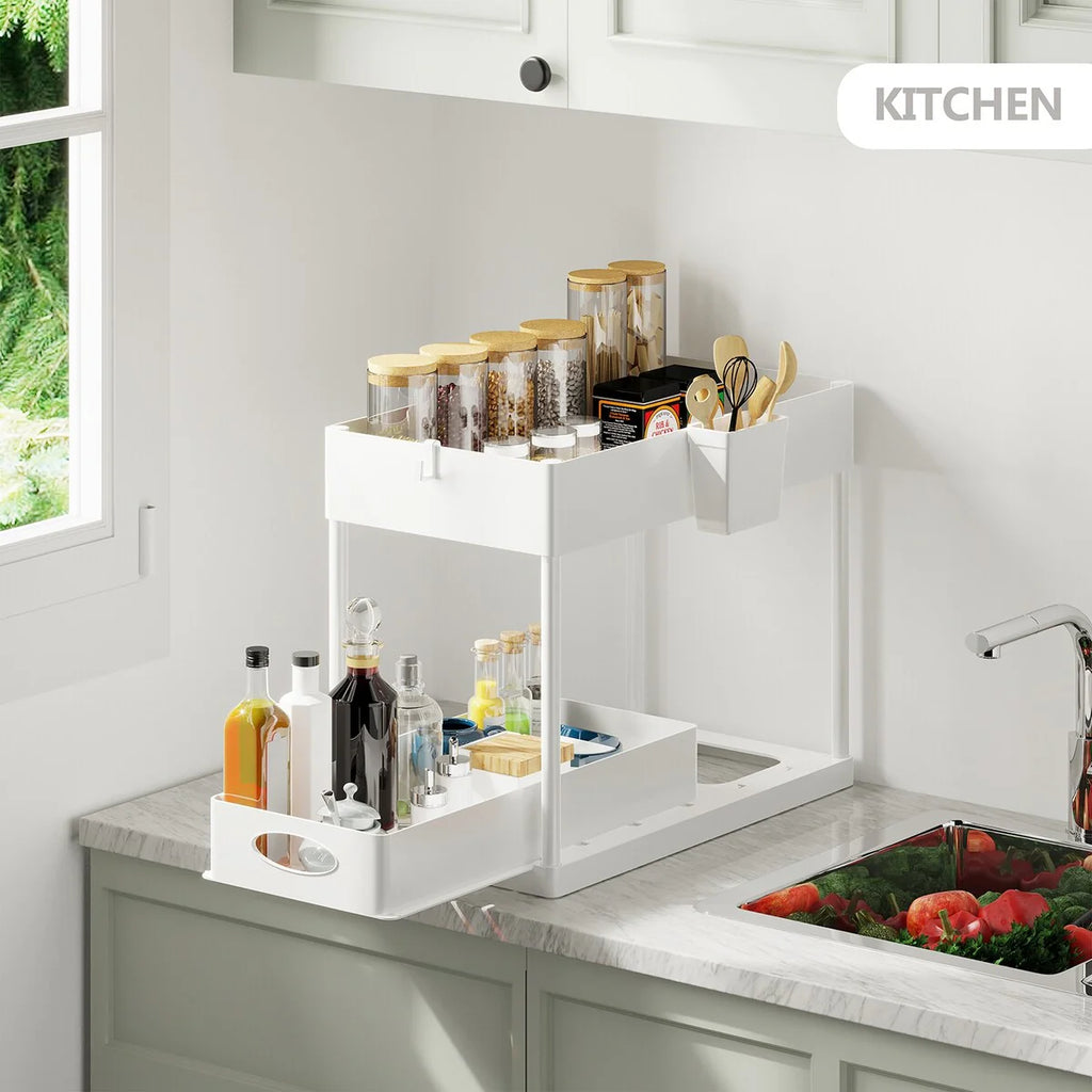StorageBud 2 Tier Under Kitchen Sink Organizer with Sliding Drawer-Bathroom Cabinet Organizer with Utility Hooks and Side Caddy