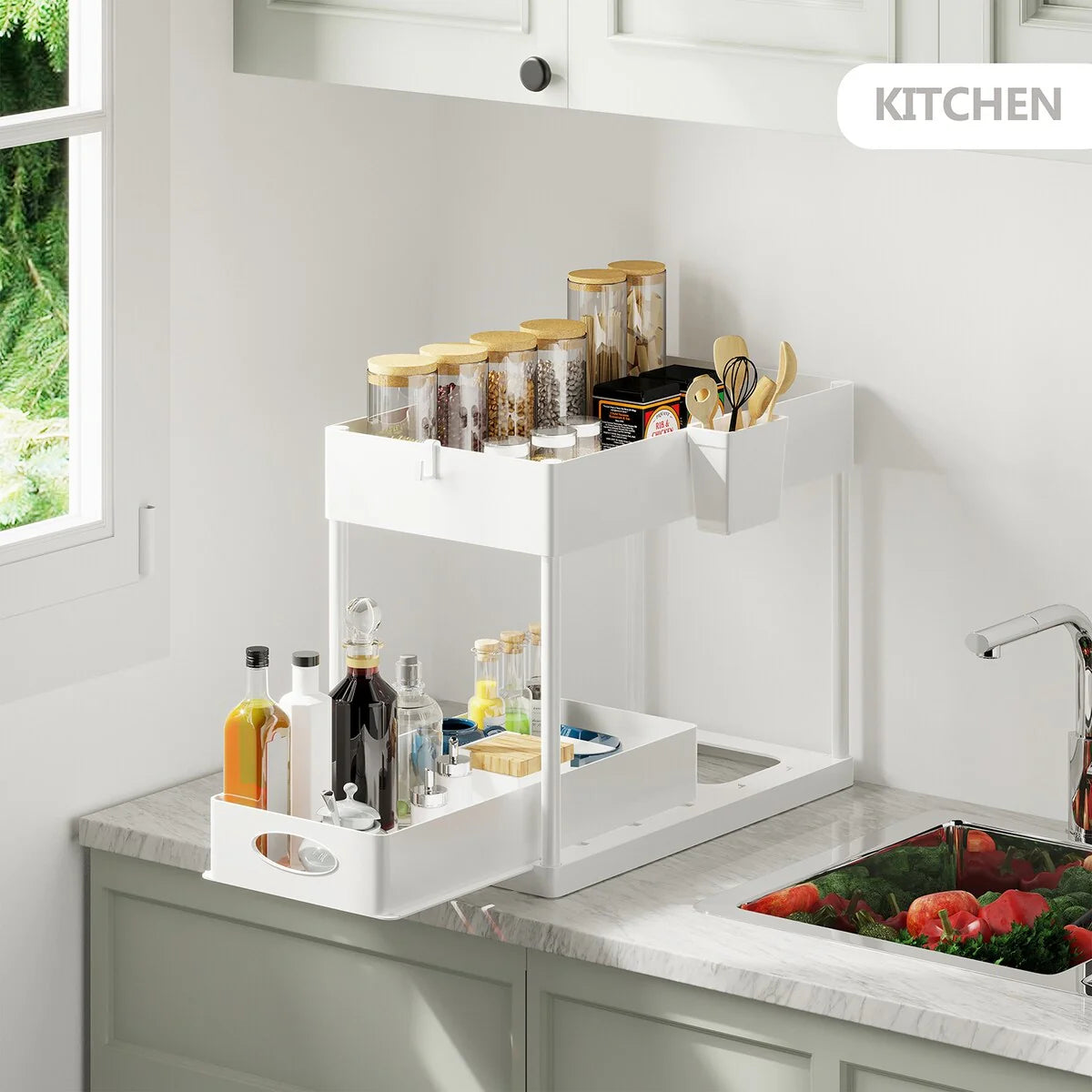 StorageBud 2 Tier Under Kitchen Sink Organizer with Sliding Drawer-Bathroom Cabinet Organizer with Utility Hooks and Side Caddy