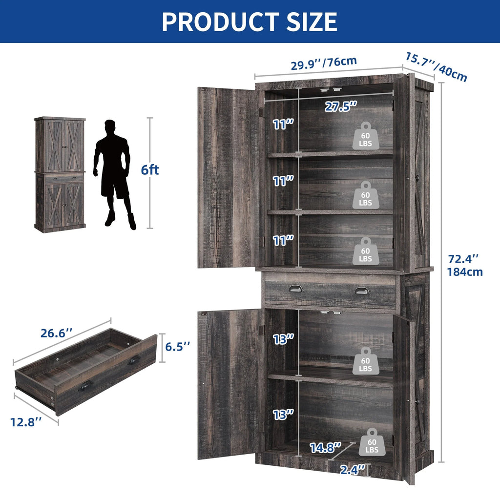 Moasis Farmhouse Freestanding 72'' Kitchen Pantry Storage Cabinet Cupboard with Drawer Adjustable Shelves