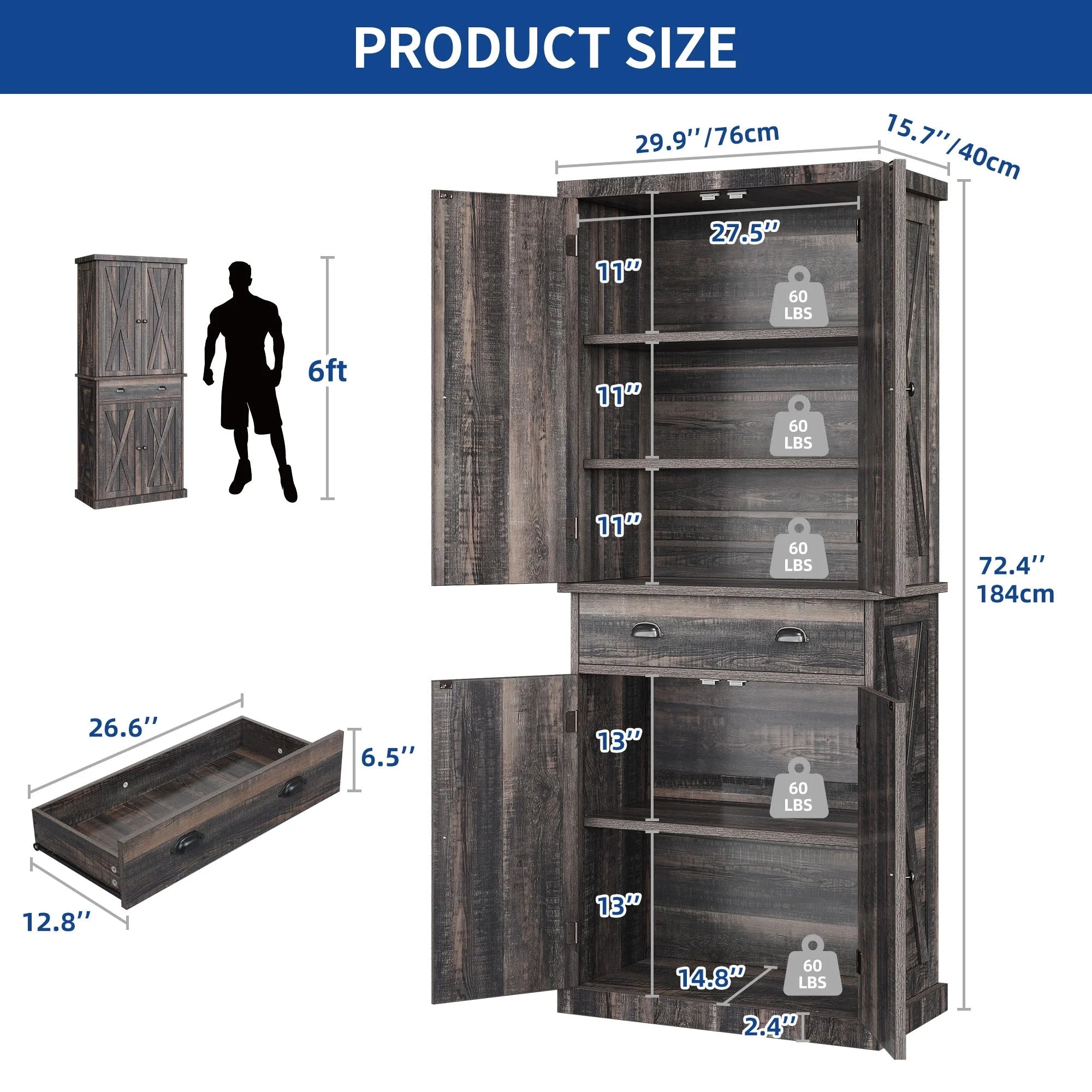 Moasis Farmhouse Freestanding 72'' Kitchen Pantry Storage Cabinet Cupboard with Drawer Adjustable Shelves