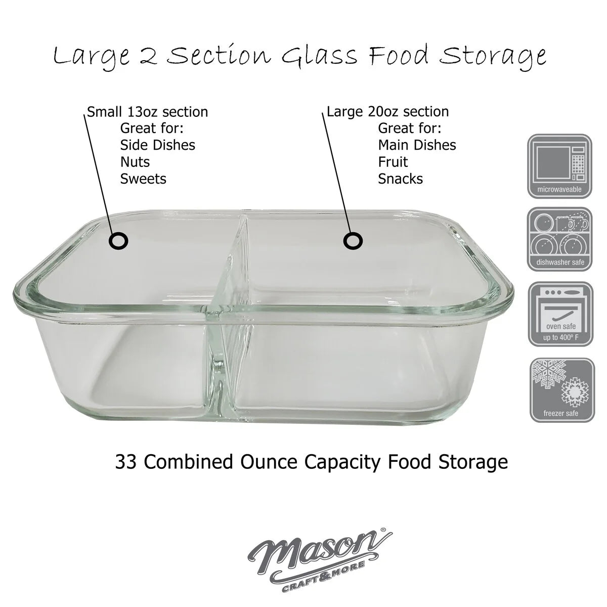 Mason Craft & More 33oz Rectangular 2.5 Section Glass Food Storage with Gray Gasket - Set of 6