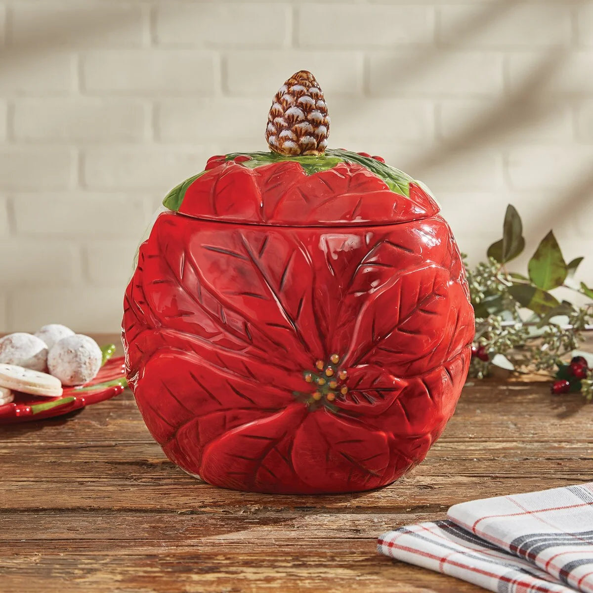 Park Designs Poinsettia Pine Cookie Jar - 9.25"H X 8.5"DIA